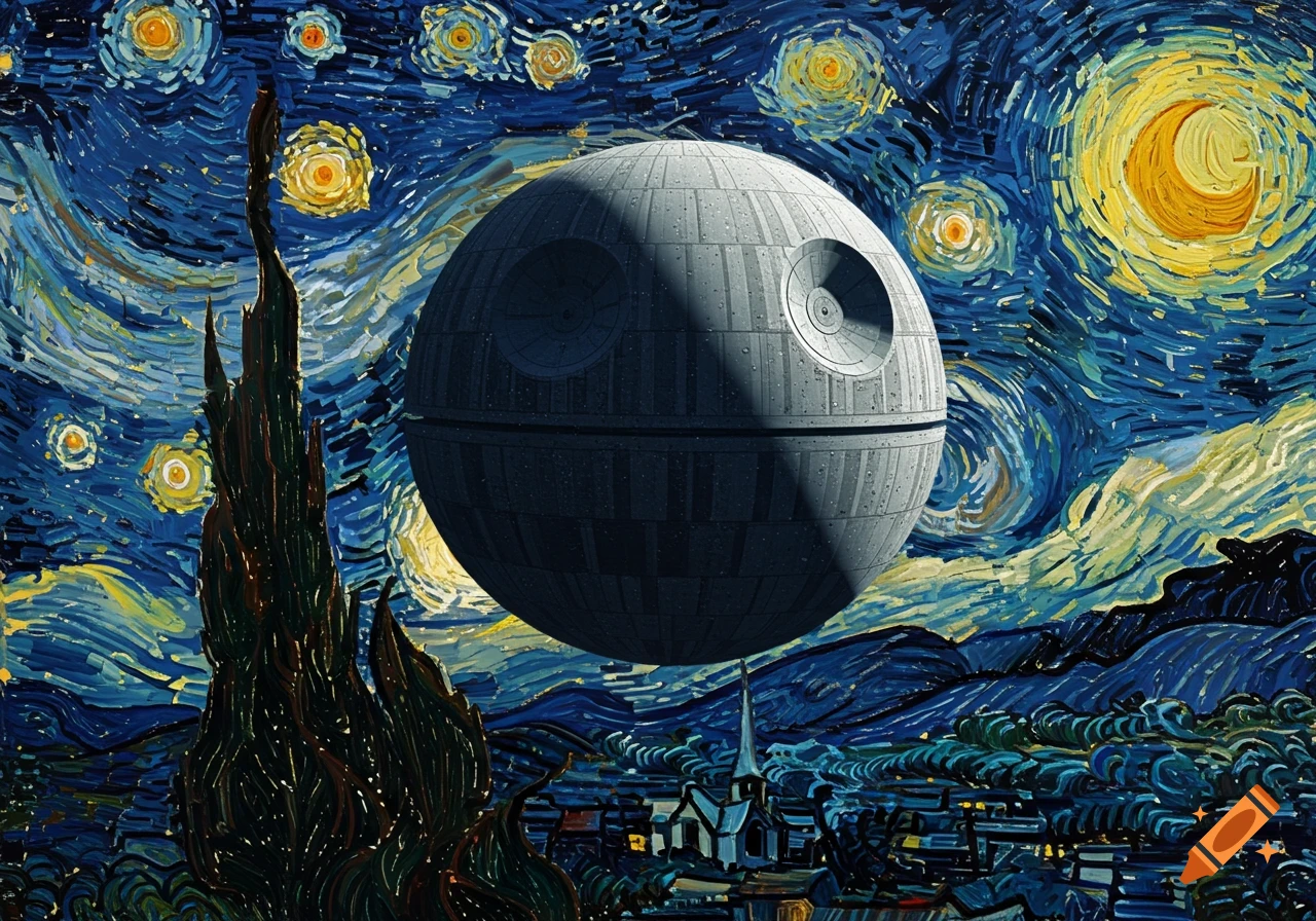The Death Star from Star Wars floats over a town, rendered in the iconic, swirling brushstroke style of Van Gogh's 'The Starry Night' painting.