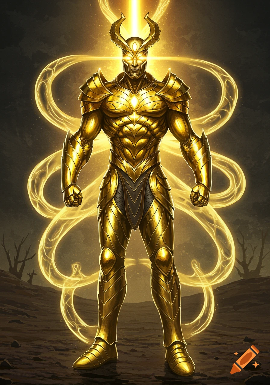 A golden armored figure with glowing eyes, horns, and a luminous aura against a dark, barren landscape.