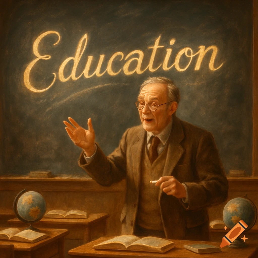 An elderly male teacher gestures at a blackboard with 'Education' written on it in a painted classroom scene with globes and books.