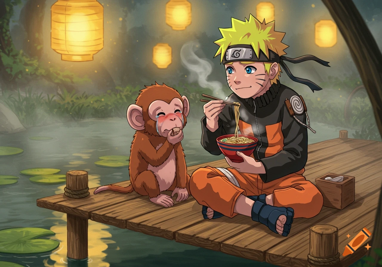 Anime illustration of Naruto eating ramen with chopsticks on a wooden dock next to a crying monkey holding food, under glowing lanterns.