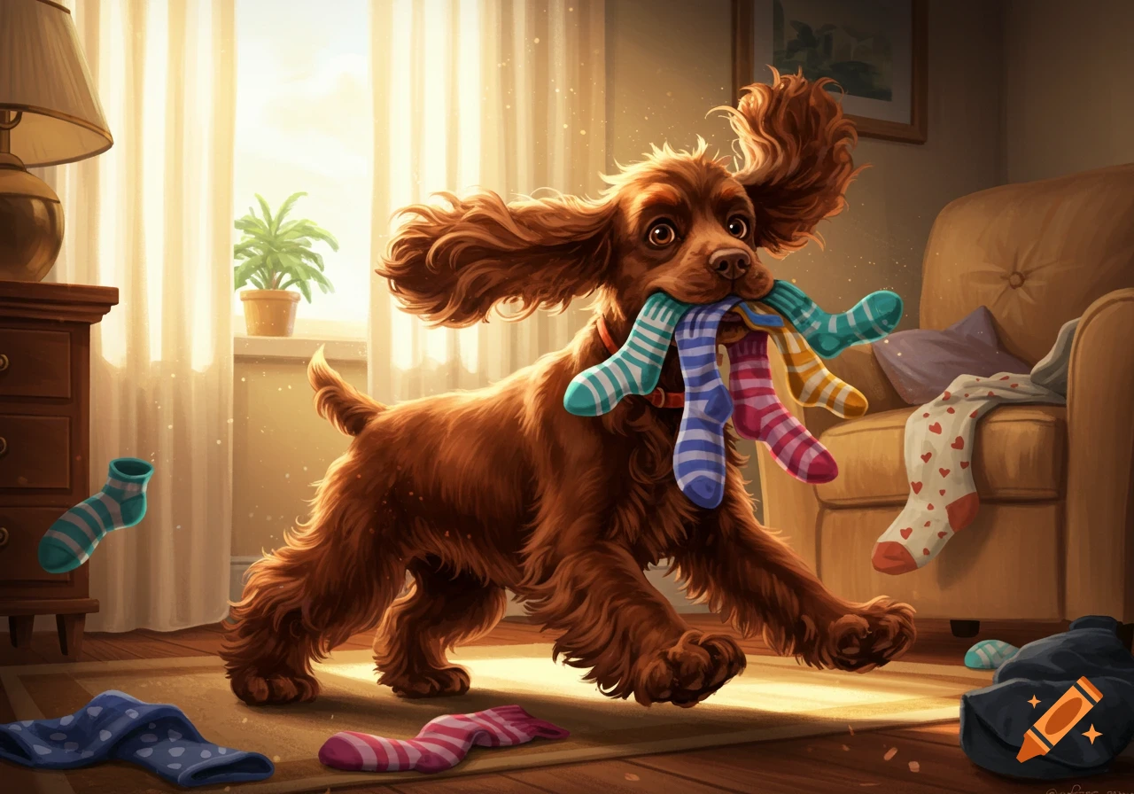 A brown cocker spaniel gleefully carries a mouthful of colorful socks through a sunlit, cozy living room.