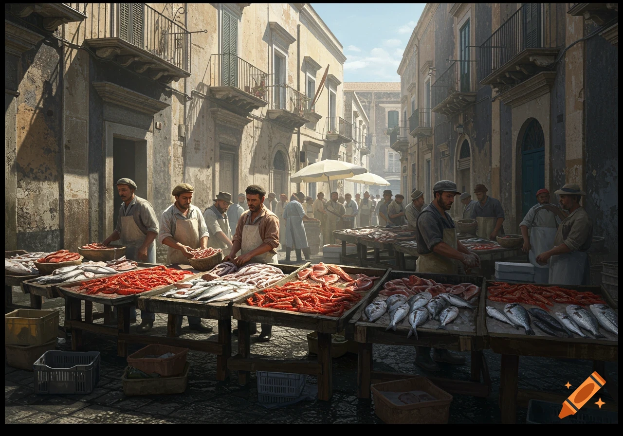A realistic illustration of a bustling outdoor fish market in a sunny old town street, with vendors behind stalls piled high with fish.