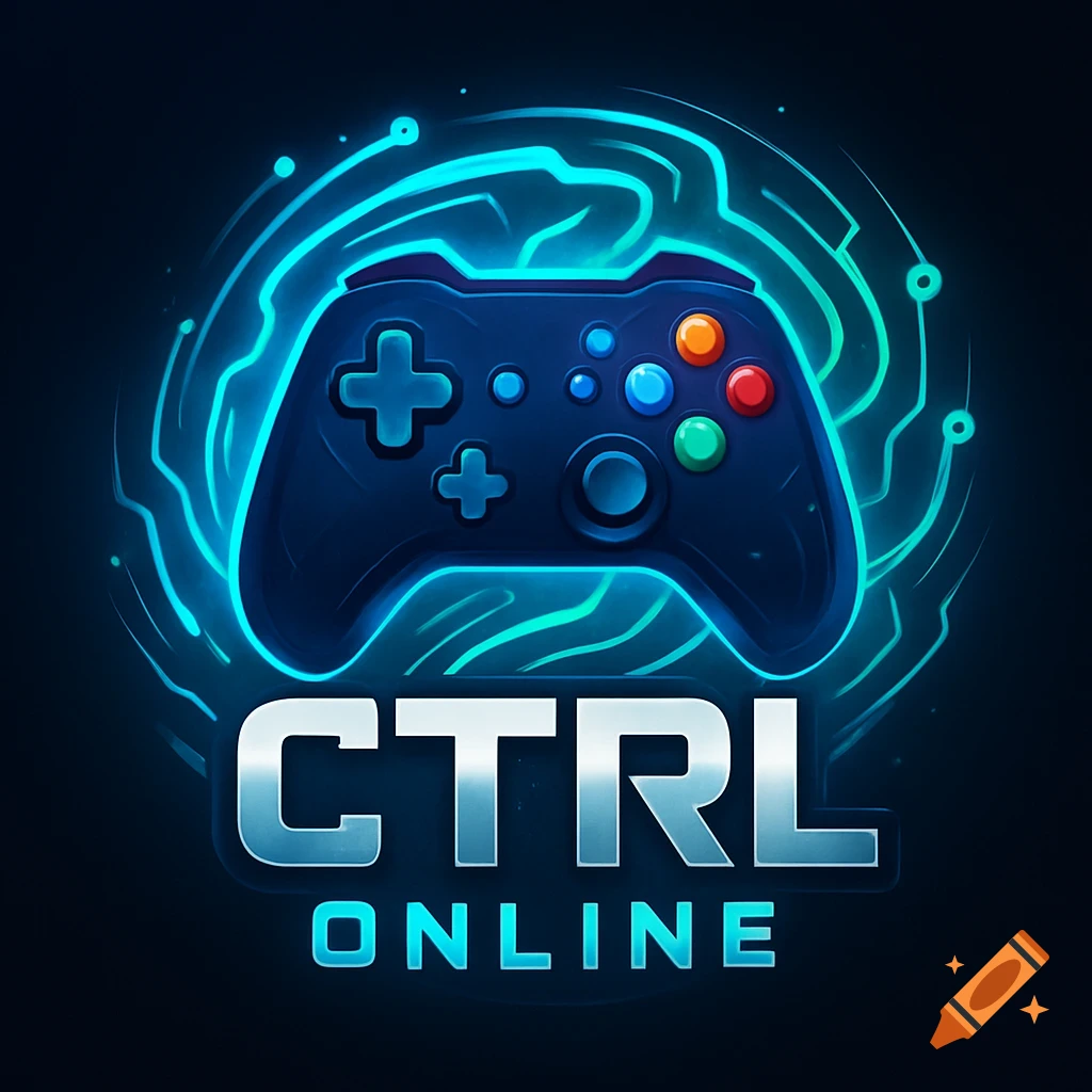 A dark blue game controller icon with glowing teal circuitry, surrounded by glowing lines, above the text 'CTRL ONLINE'.