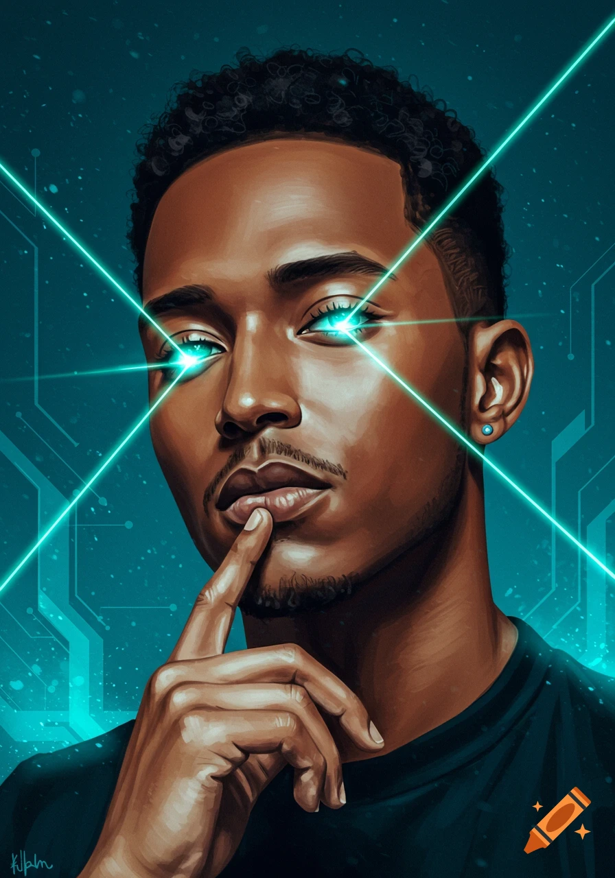 Close-up digital art portrait of a man with glowing cyan eyes emitting lasers, his finger on his chin, against a dark blue tech background.