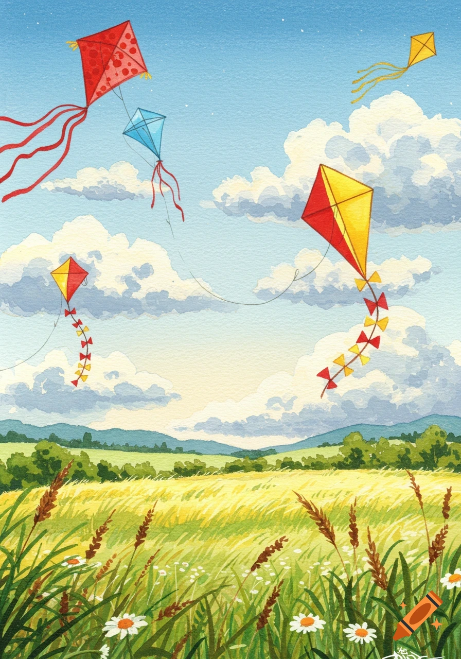 Watercolor illustration of colorful kites flying high above a sunny green and yellow field with distant hills under a blue, cloudy sky.