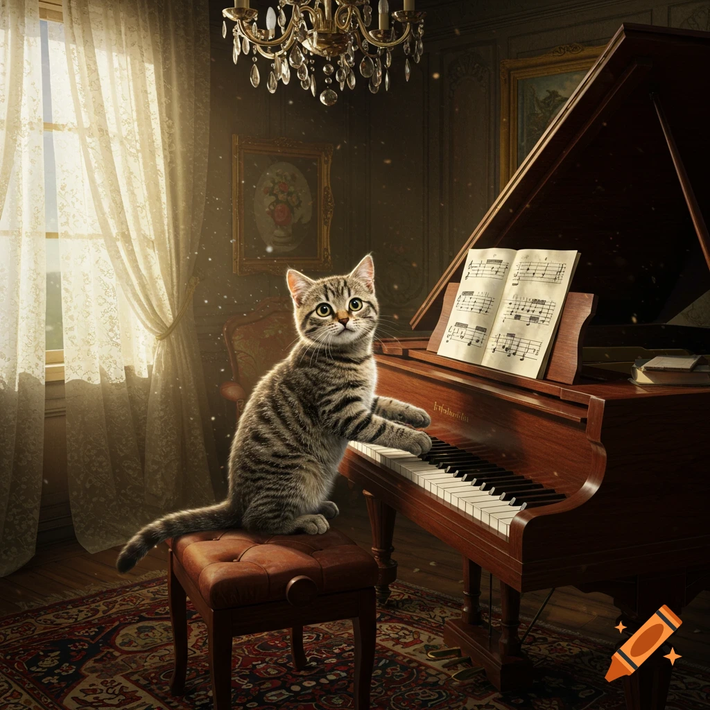 A photorealistic tabby cat sits on a piano bench, paws resting on the keys of a grand piano in a dimly lit, elegant room.