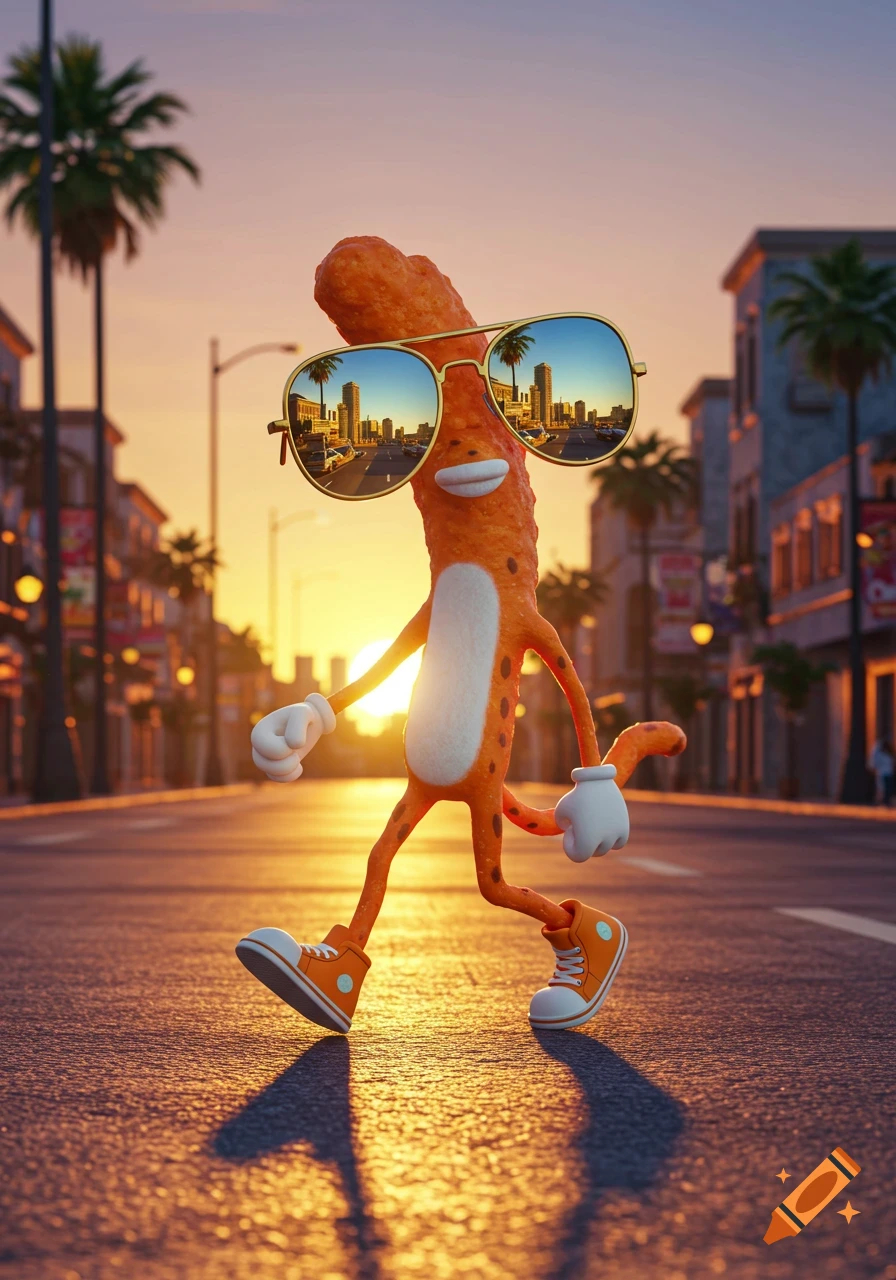 A photorealistic Cheeto mascot with legs and sunglasses walks down a city street at sunset.