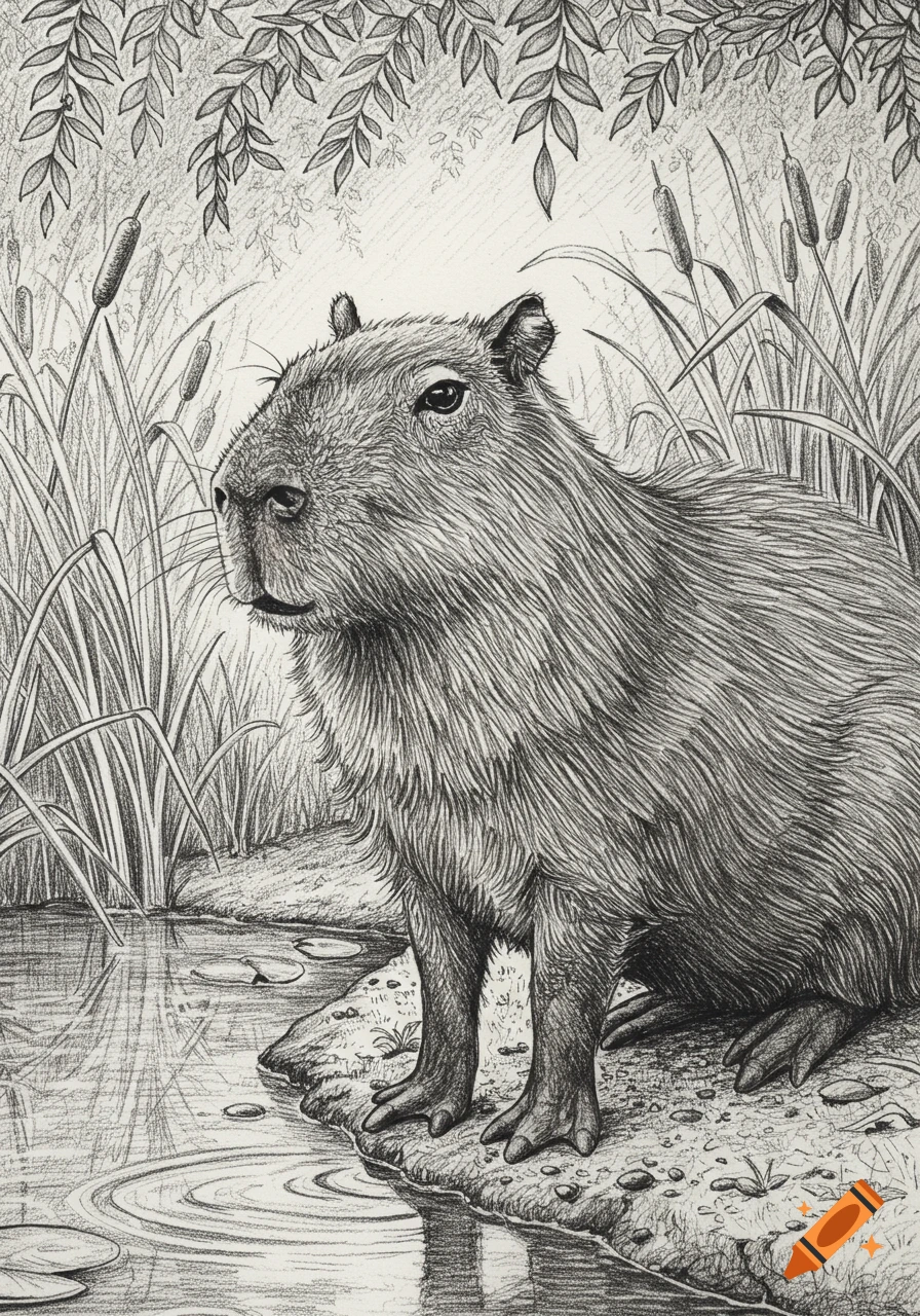 A detailed black and white sketch of a capybara sitting by a pond with reeds and leaves.