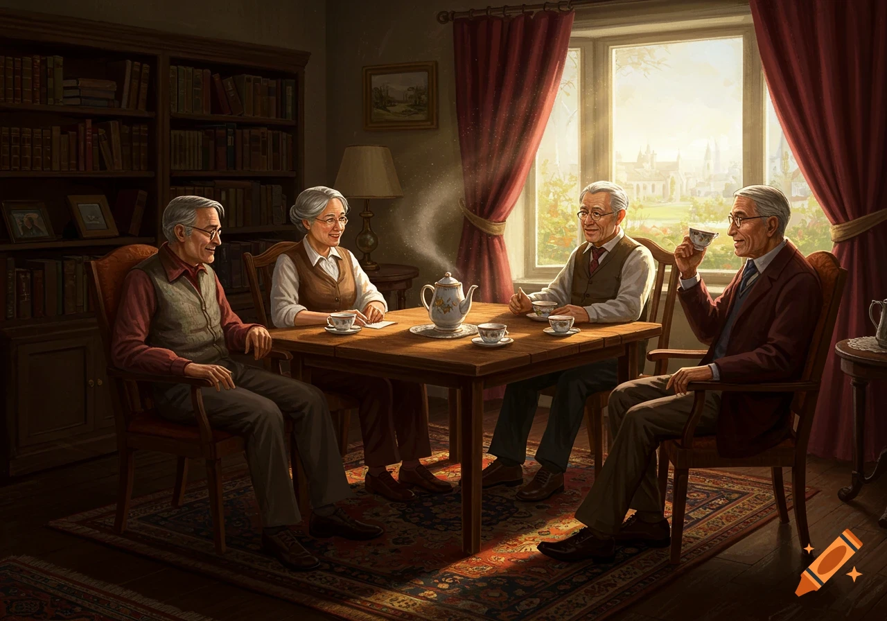 Four older friends enjoying tea and conversation in a cozy room with bookshelves and a sunny window.