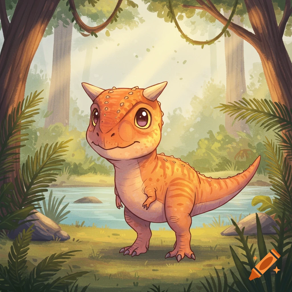 A cute, cartoon Carnotaurus dinosaur with big eyes stands in a lush green jungle by a stream.