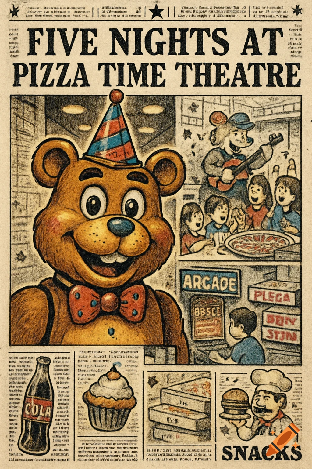 A retro-style cartoon newspaper with the headline 'FIVE NIGHTS AT PIZZA TIME THEATRE' above a smiling bear mascot in a party hat. It features scenes of children with pizza and an arcade.