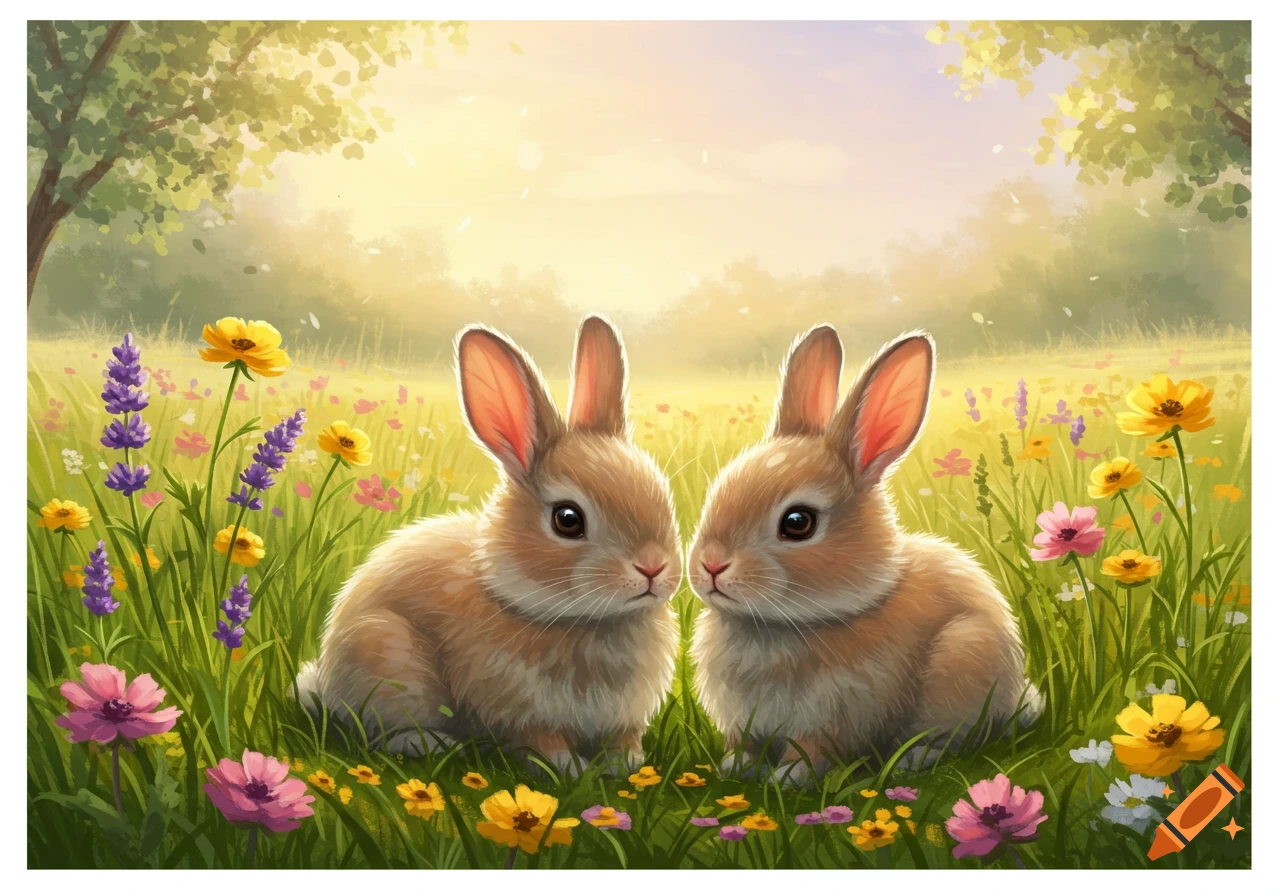 Two fluffy brown bunnies in a sunlit meadow blooming with colorful purple, yellow, and pink flowers. Painterly style.