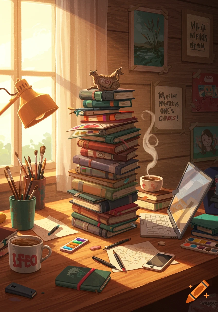 A sunlit desk features a tall stack of books, art supplies, a laptop, and a coffee mug, creating a cozy and creative workspace.