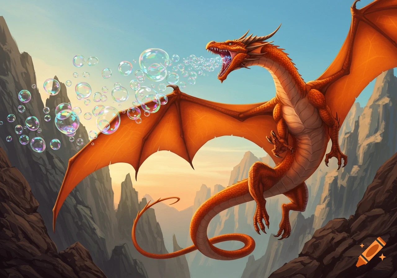 An orange dragon with large wings flies through a mountain range, blowing iridescent bubbles from its mouth, illustration.