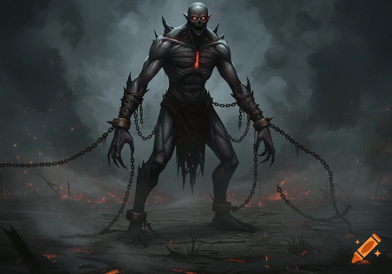 A chained, emaciated, dark monster with glowing red eyes and spikes stands in a desolate, smoky, fiery landscape, in a dark fantasy art style.