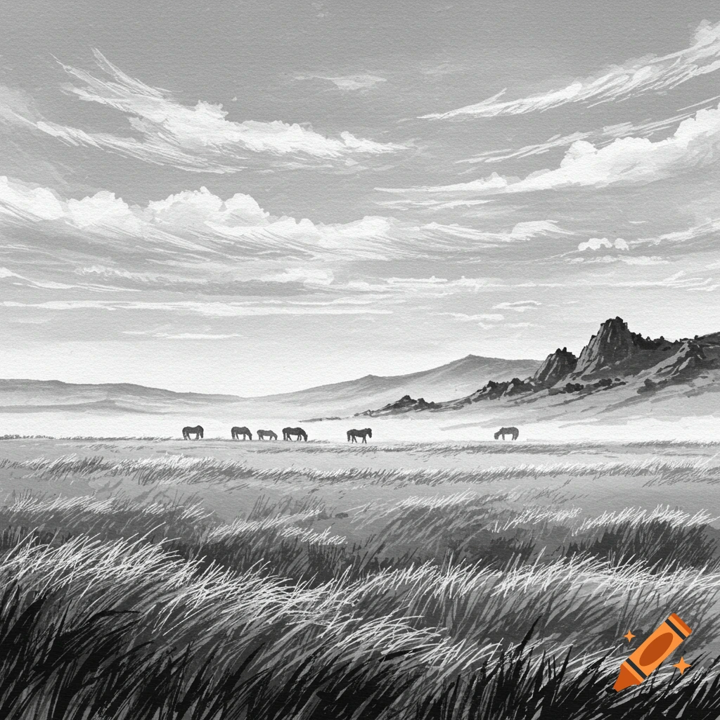 Grayscale painting of a vast steppe with horses grazing, mountains in the distance, and a cloudy sky.
