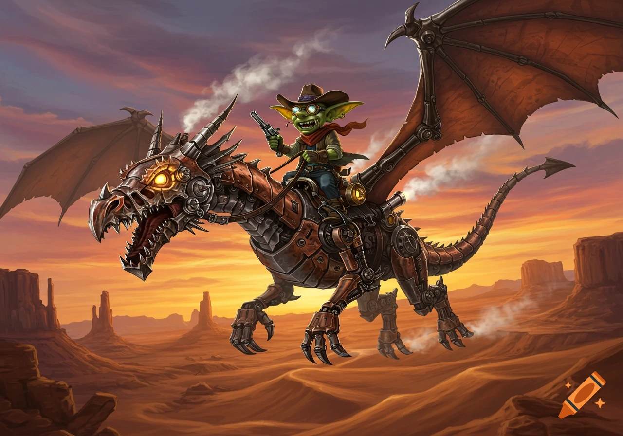 A green goblin in a cowboy hat rides a large, detailed steampunk dragon with metal plates and glowing eyes through a desert canyon at sunset.
