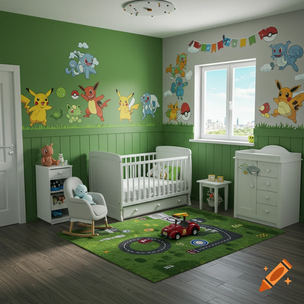 A colorful Pokemon-themed baby boy nursery with green walls, a white crib, changing table, rocking chair, and a racecar rug.