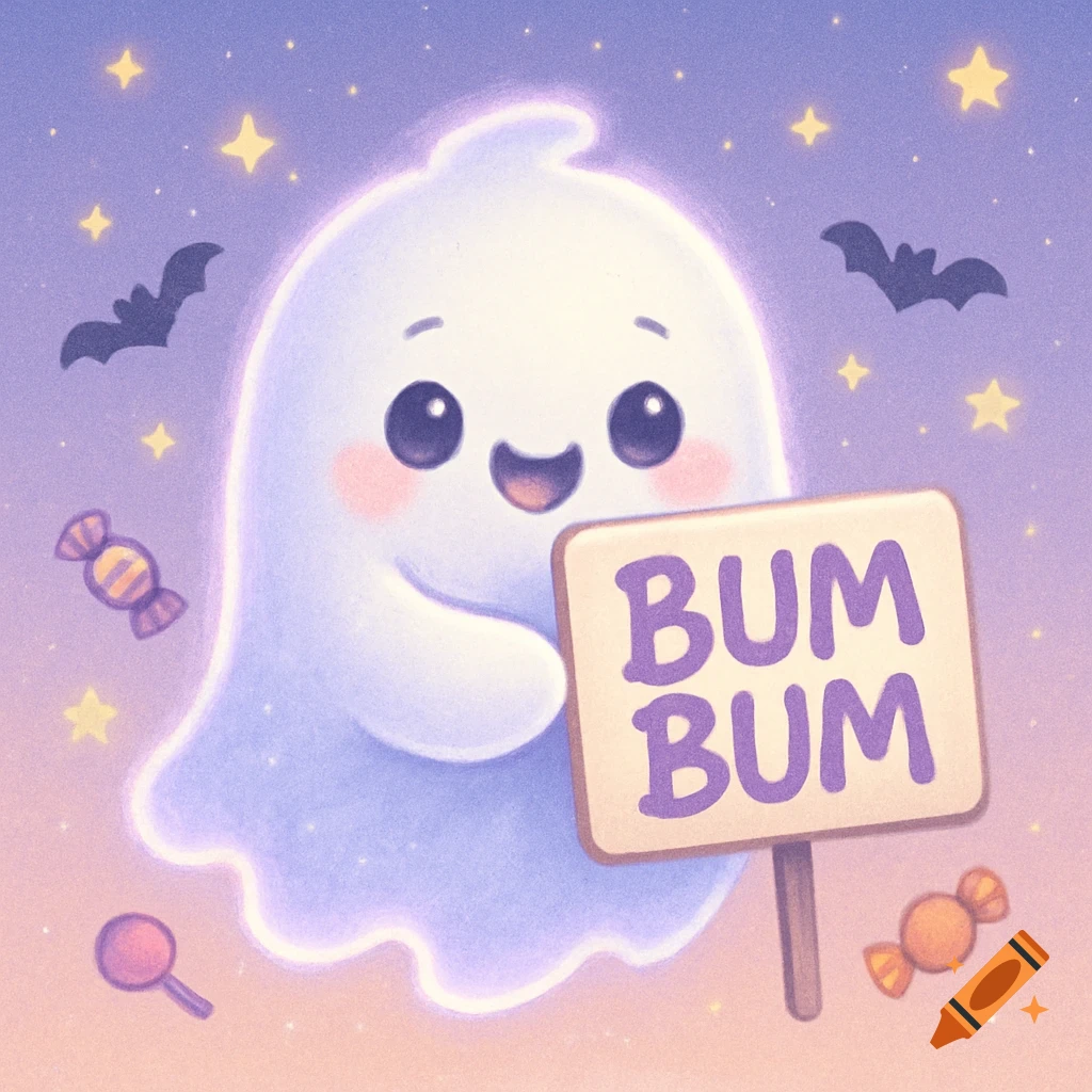A cute, fluffy white ghost holds a sign reading 'BUM BUM', surrounded by stars, bats, and candy in a cartoon style.