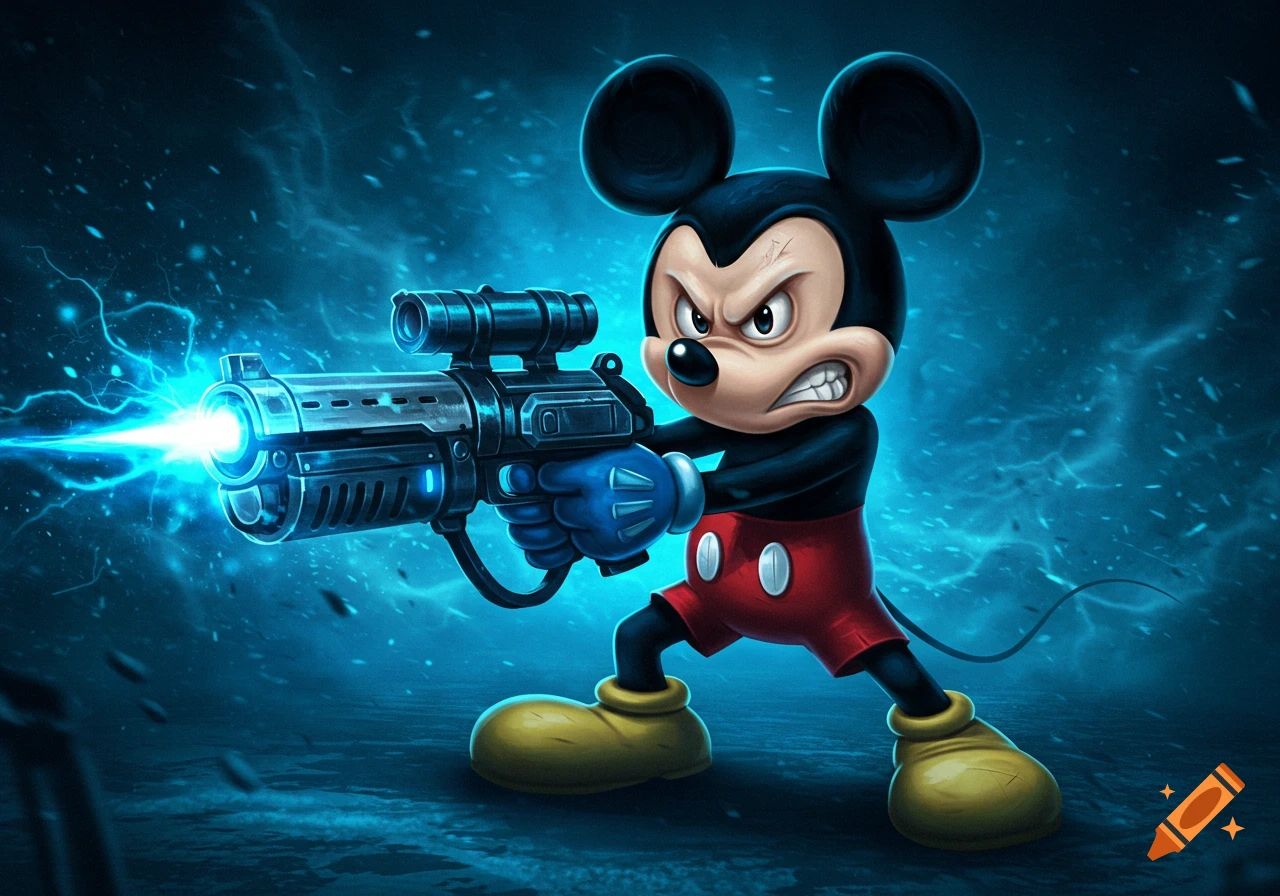 Angry Mickey Mouse holds a futuristic blue energy gun, aiming forward against a dark blue electric background, digital art.