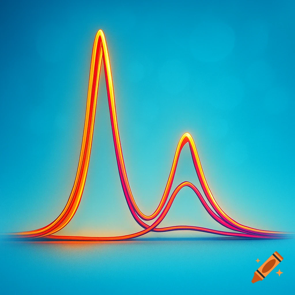 A glowing abstract chromatogram with two orange and red peaks on a blue background, the first peak higher.