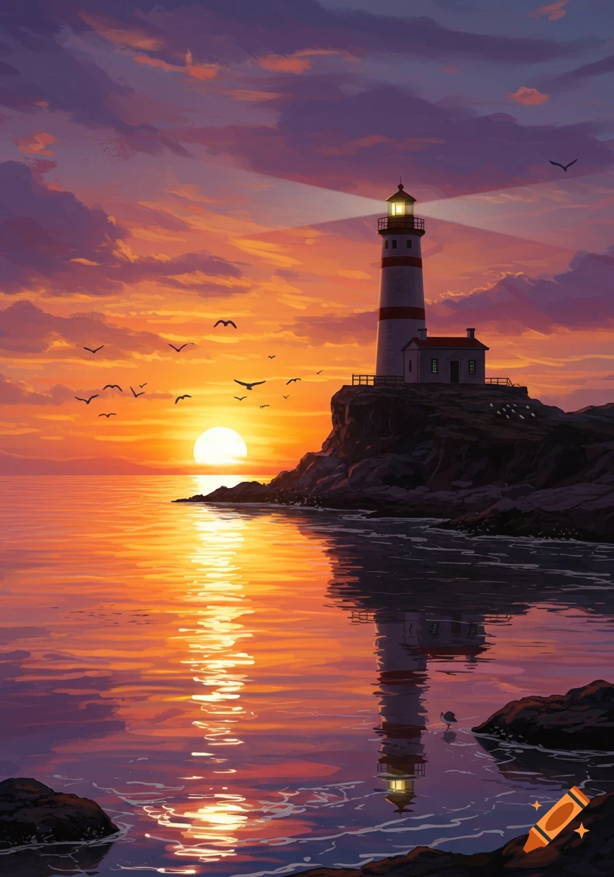 Digital painting of a lighthouse on a rocky coast at sunset, with a vibrant orange sky reflected in the ocean.