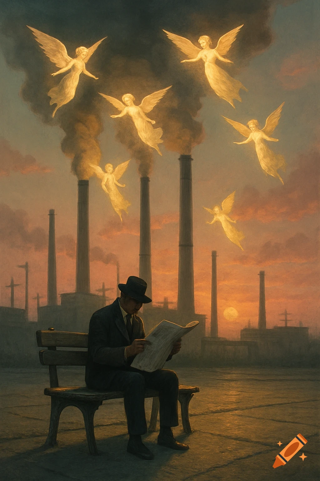 A man in a hat reads a newspaper on a bench, facing an industrial landscape with smoking chimneys and glowing angels flying overhead at sunset.