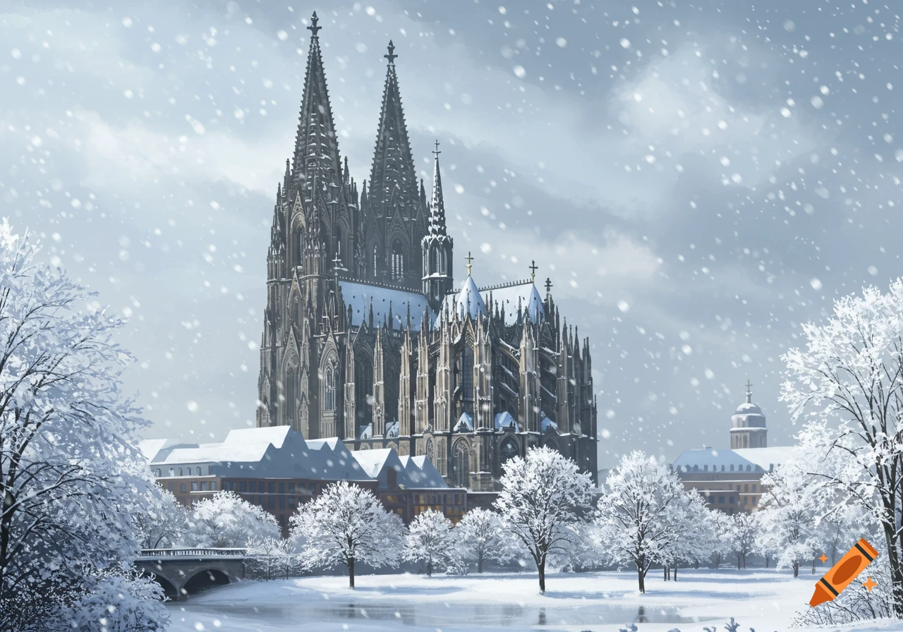 The Cologne Cathedral stands tall amidst a serene, snow-covered winter landscape with frosted trees and a frozen river.