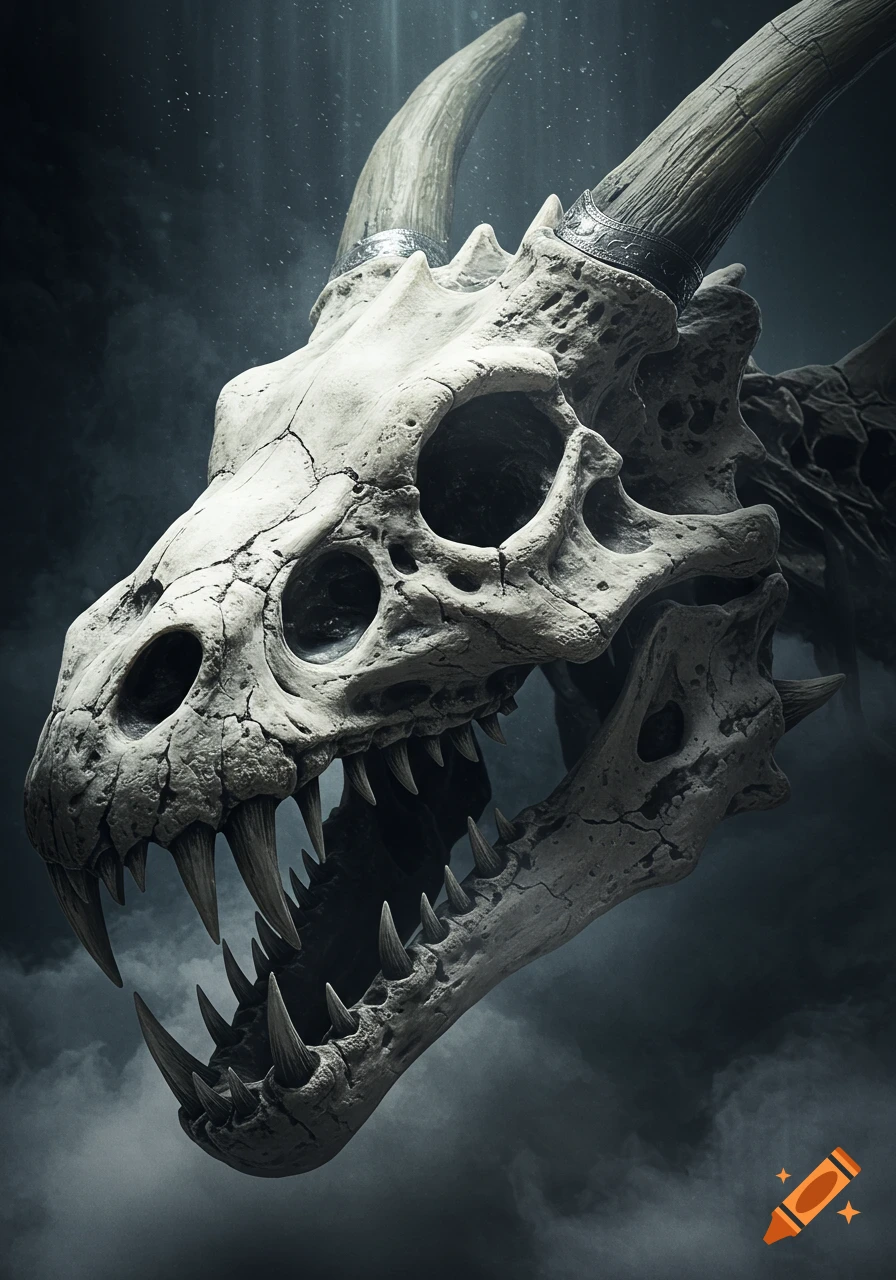 A close-up, photorealistic image of a detailed, cracked white dragon skull with sharp teeth and large horns against a dark, misty background.