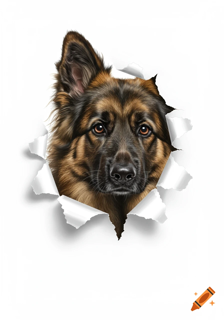 Photorealistic long-haired German Shepherd dog's head peeking through a jagged hole in white ripped paper.