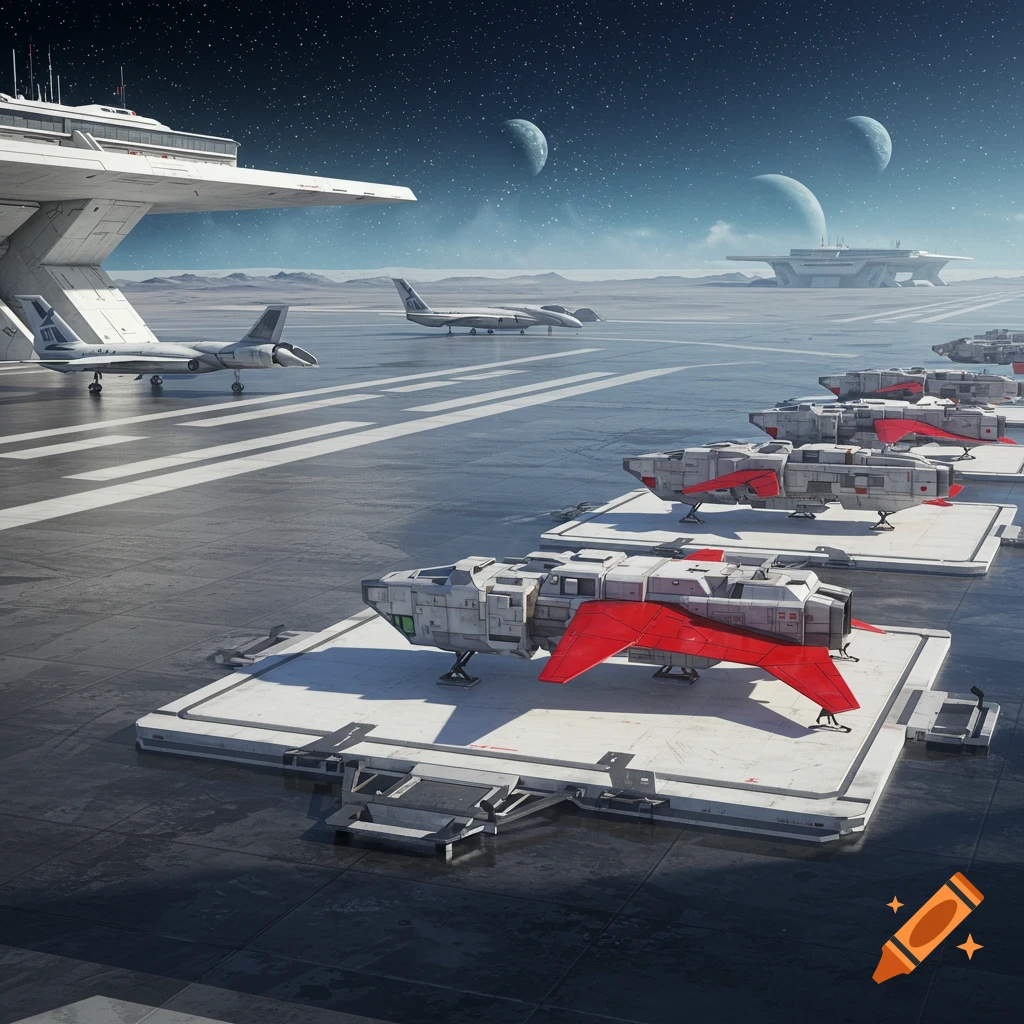 A futuristic spaceport on an alien planet with spaceships, jets, and multiple moons in the starry sky.