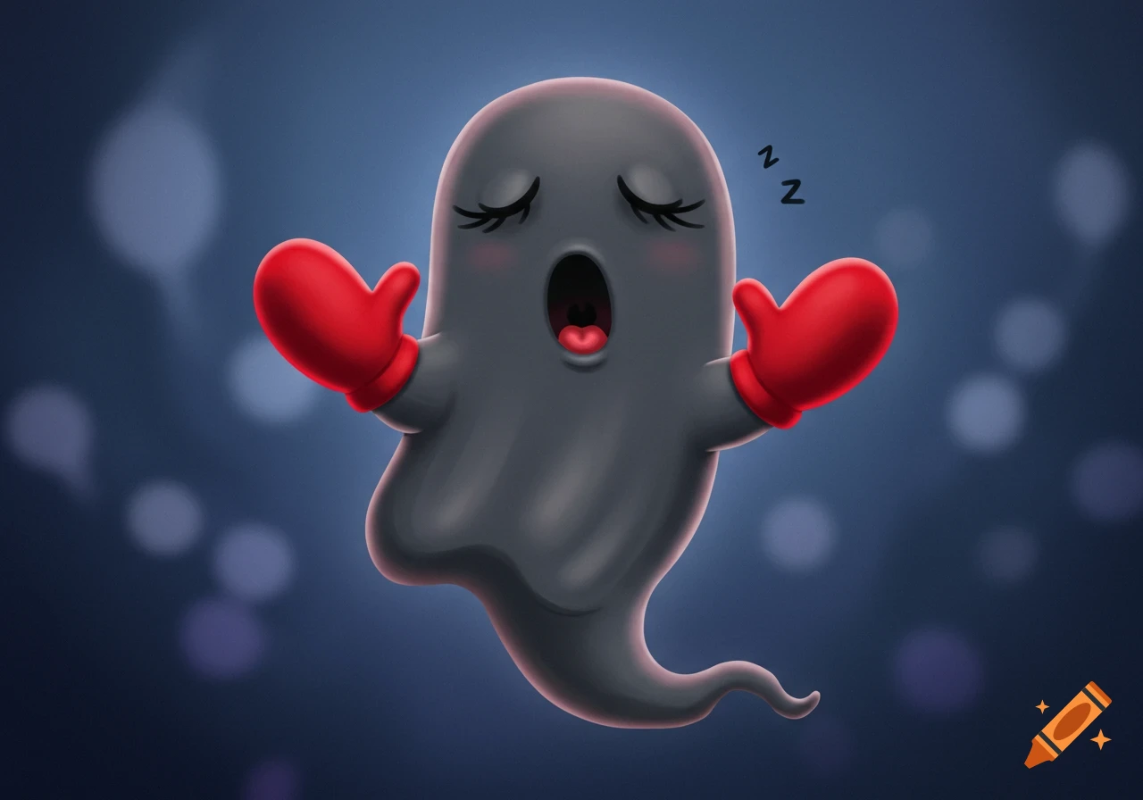 A cute dark grey cartoon ghost with long eyelashes and red gloves yawns, with Zzz symbols floating above its head, on a blurry blue background.