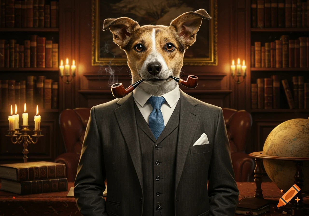 A photorealistic portrait of a dapper dog in a suit, vest, and tie, holding two smoking pipes, set in a dimly lit library.