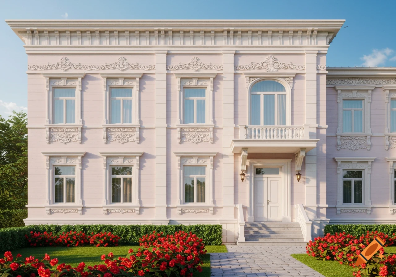 Photorealistic pink classical-style house exterior with intricate white trim, balcony, and manicured garden with red flowers under a clear sky.