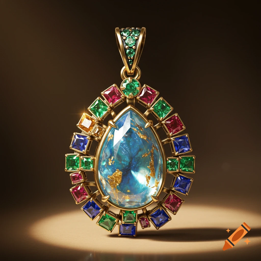 Close-up of a gold pendant featuring a large blue teardrop gem surrounded by an array of colorful square gems.