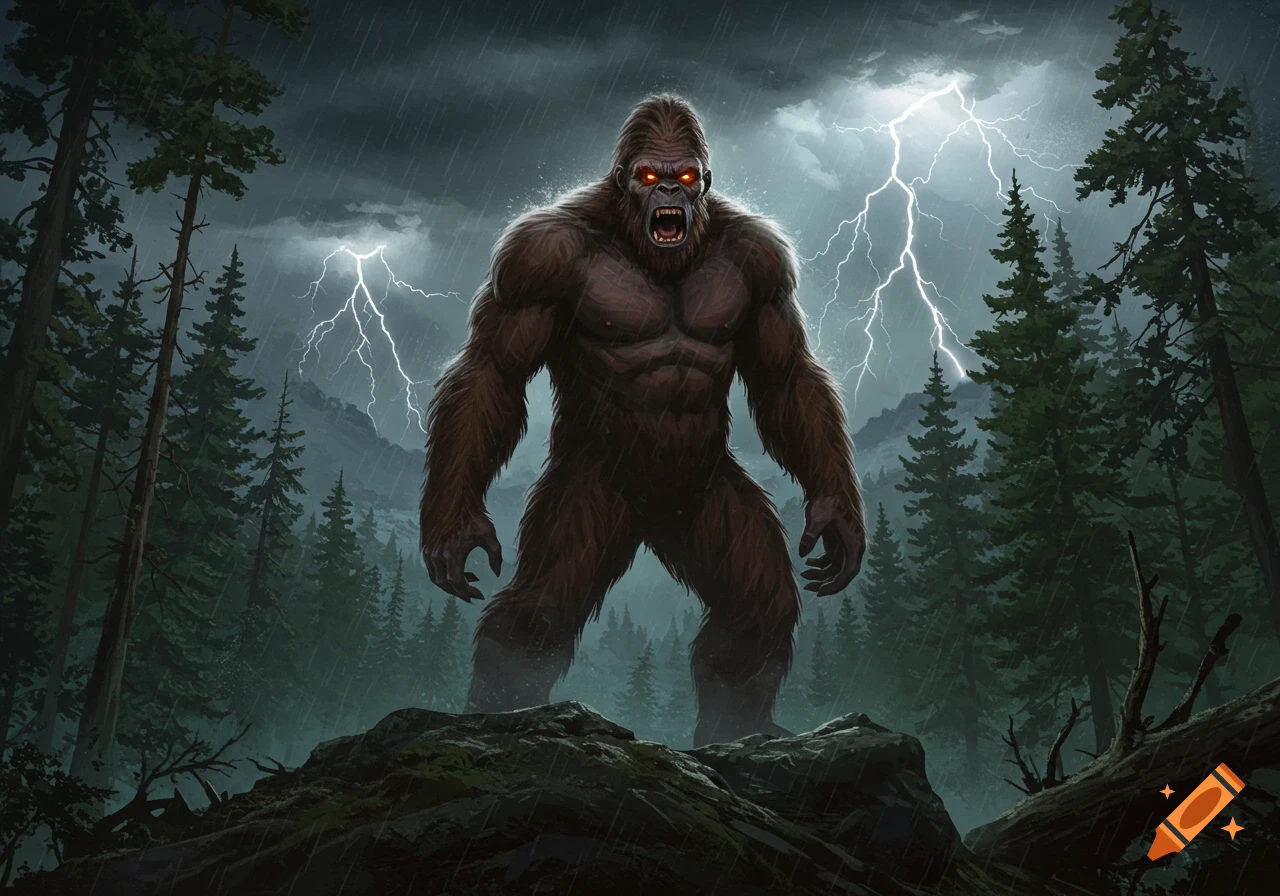 A large, brown, muscular Sasquatch with glowing red eyes roars in a dark, rainy forest with lightning in the stormy sky.