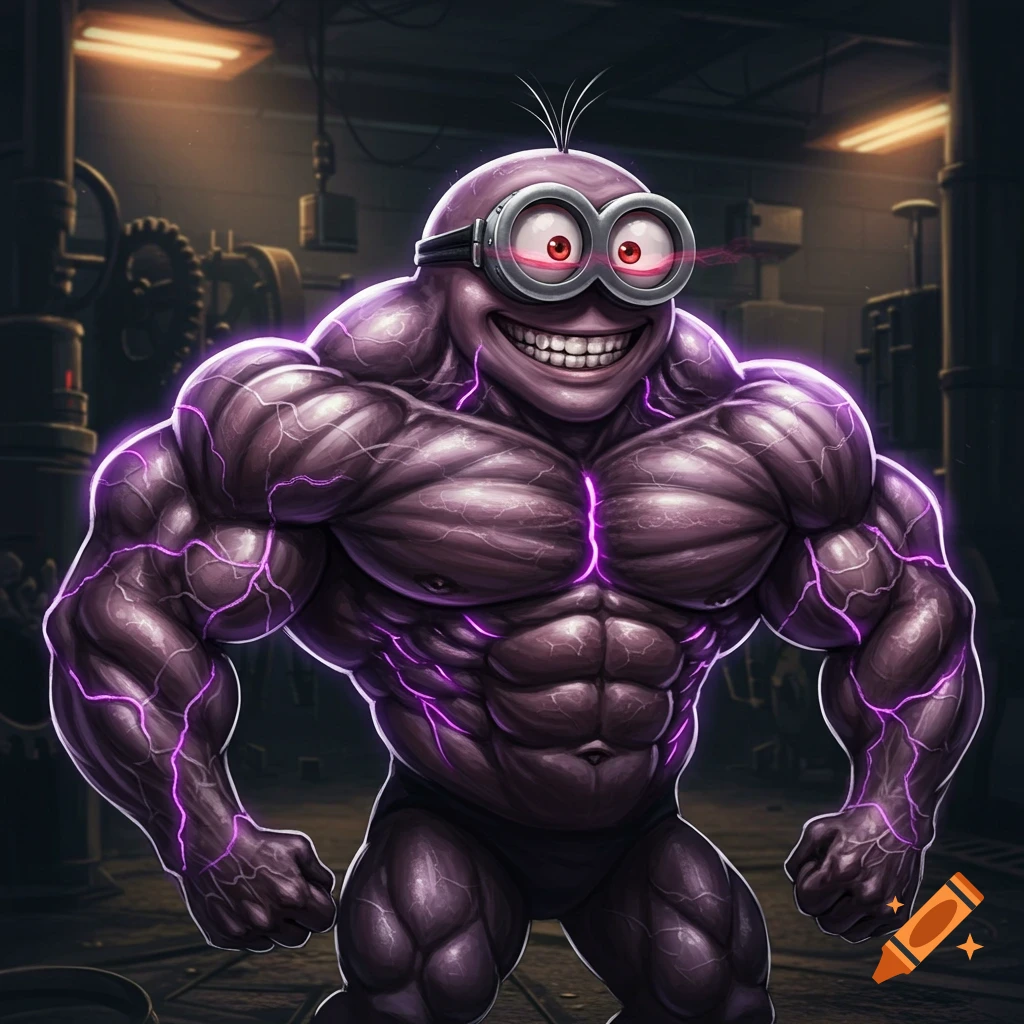 A muscular, purple, Minion-like monster with red goggles, a wide grin, and glowing purple veins stands in a dark industrial setting.