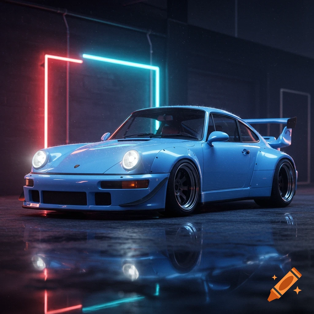 Photorealistic light blue Porsche 930 with a wide body kit parked in a dark, wet garage illuminated by red and blue neon lights.