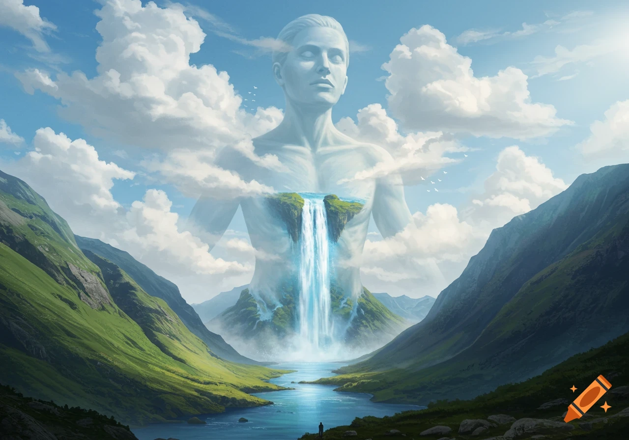 A colossal, translucent cloud figure of a man with a waterfall flowing from its chest into a lush green valley with a river. Majestic digital painting.