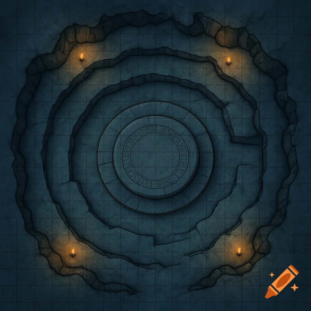 Overhead view of a gridded circular basement cavern battle map with a raised central dais and four torches.