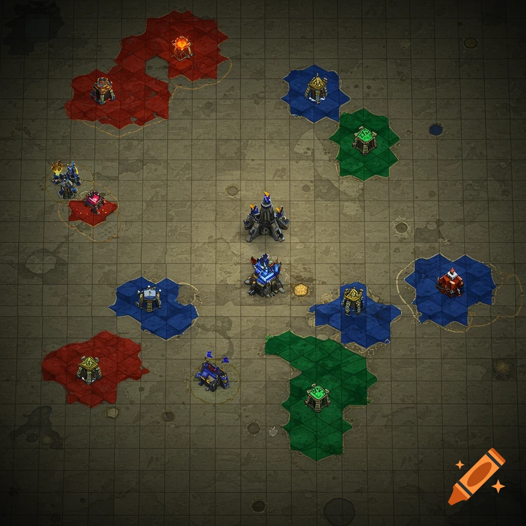 Top-down view of a strategy game map with a square grid, various buildings, and red, blue, and green colored territories.