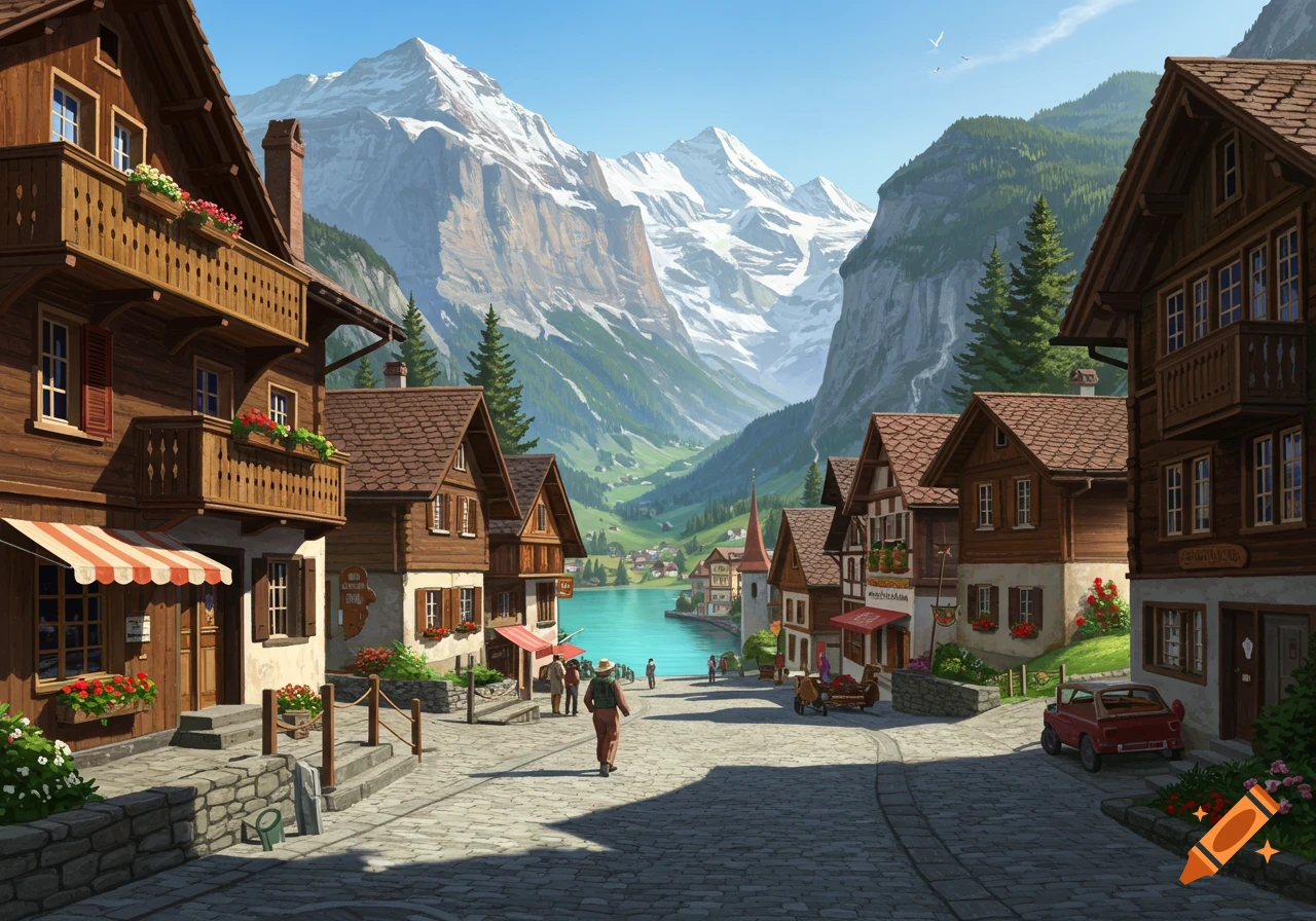 A vibrant illustration of a Swiss mountain village with traditional wooden buildings, a turquoise lake, and snow-capped peaks under a blue sky.