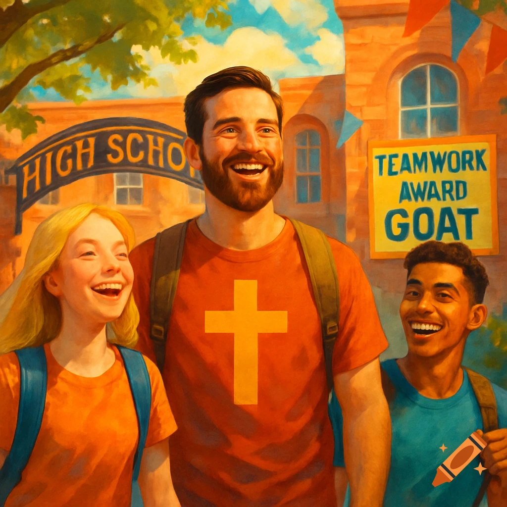 A bearded man with a cross on his shirt, a blonde girl, and another man smile in front of a high school, in a vibrant painterly style.