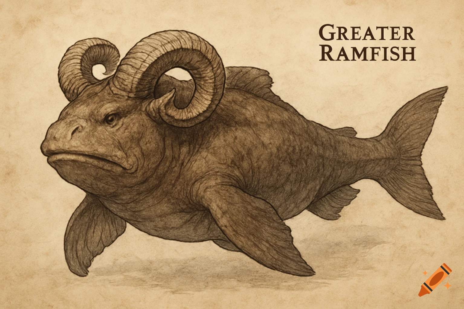 An ink-lined illustration of a massive, dark-brown Greater Ramfish with ram-like horns and paddle fins, on parchment.