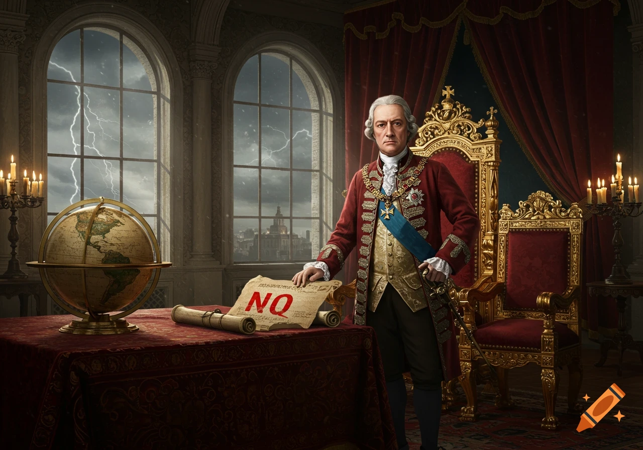 A bewigged 18th-century nobleman in a red coat stands beside a scroll with 'NO' written on it in a grand room with a stormy sky.