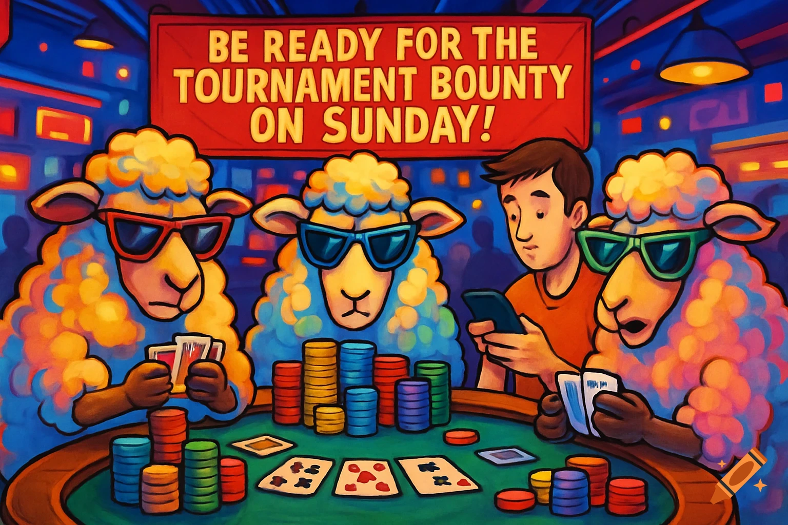Cartoon of three sunglasses-wearing sheep playing poker with a human on his phone. A banner reads "BE READY FOR THE TOURNAMENT BOUNTY ON SUNDAY!".