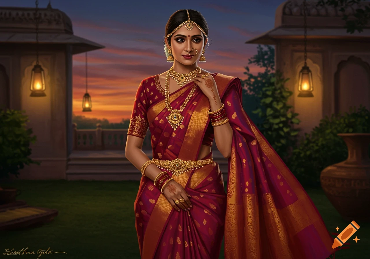 Digital painting of an Indian lady in a red saree and gold jewelry, standing in a courtyard at sunset.