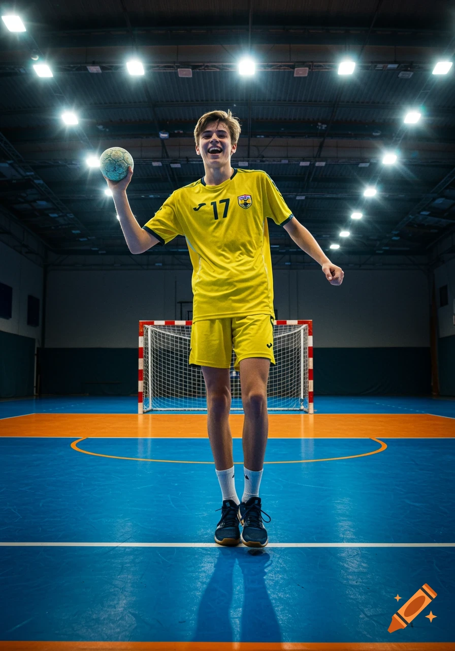 A smiling young boy in a yellow handball jersey with number 17, holding a ball on a blue court in a brightly lit gymnasium.