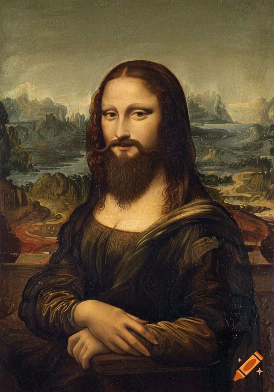 Oil painting of Mona Lisa with a dark brown beard and mustache, against a landscape background.
