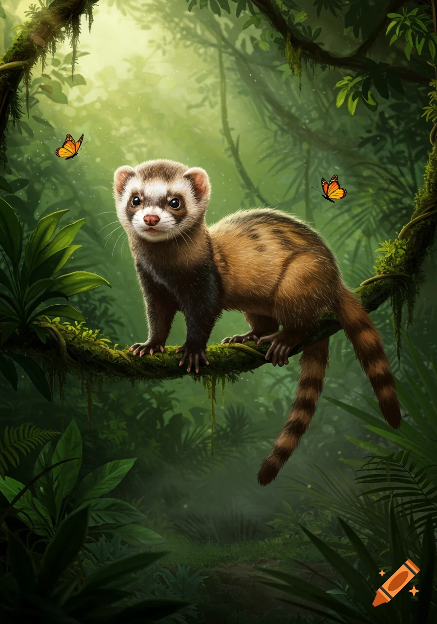 A brown and black ferret-like creature stands on a mossy branch in a lush, sunlit jungle, with two orange butterflies. Digital art.